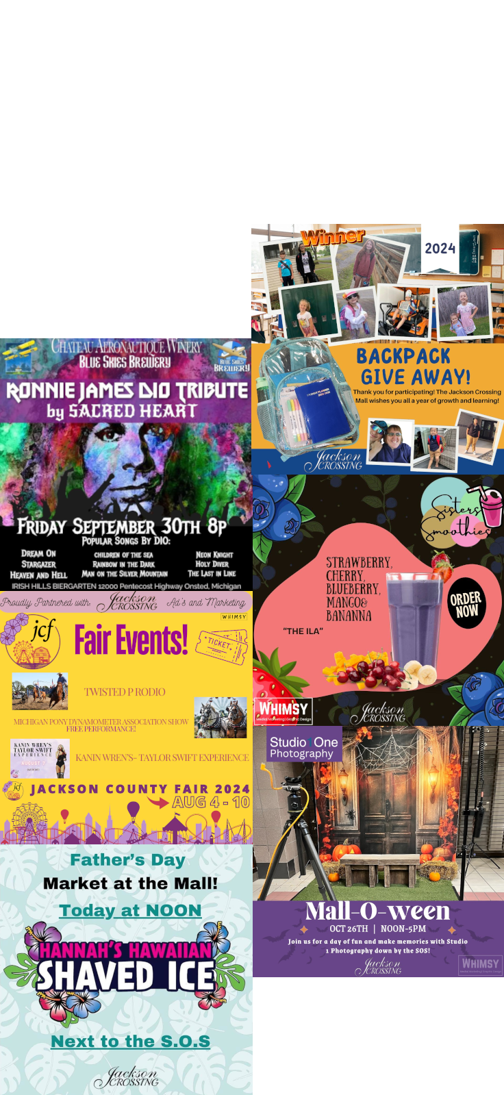 A collage of Whimsy community events, campaigns, photography, and promotional design work